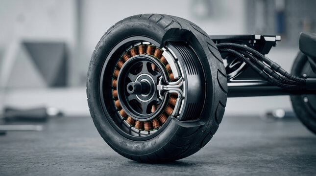 Internal view of high torque electric hub motor showing copper wire windings and magnets inside durable rubber tire for mobility.