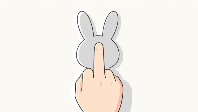 Cartoon hand making a rabbit ear gesture with grey silhouette outline on white background