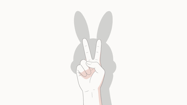 Minimalist Line Art of Hand Making Peace Sign Casting Bunny Shadow on White Background