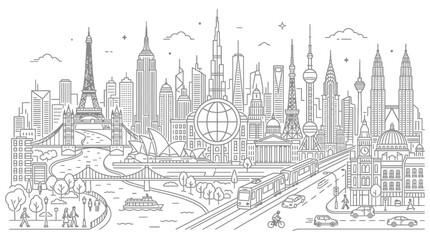 Obraz premium global city skyline illustration with world famous landmarks in detailed line art ideal for international travel and business.