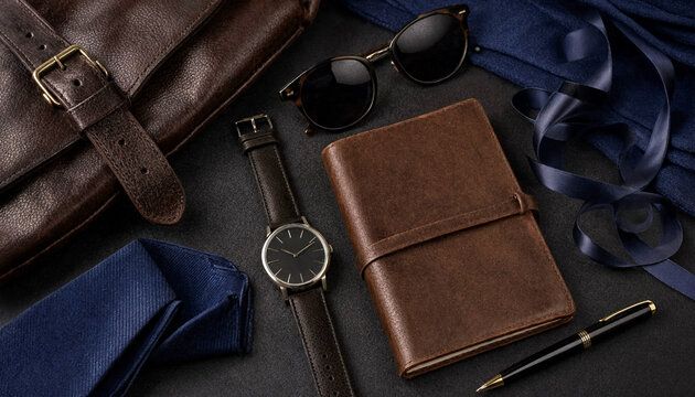 Luxury men's accessories and leather notebook arranged in elegant Father's Day gift flat lay composition
