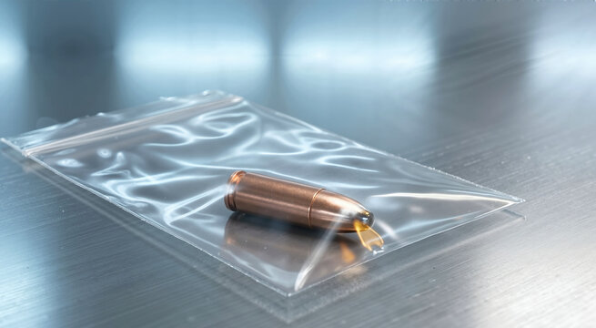 Copper bullet inside a clear plastic evidence bag on a brushed steel surface. Forensic ballistics and crime scene investigation concept