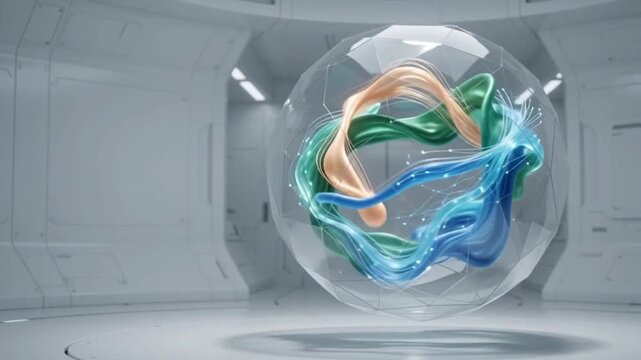 futuristic circular manufacturing process glowing sustainable materials flowing in containment sphere