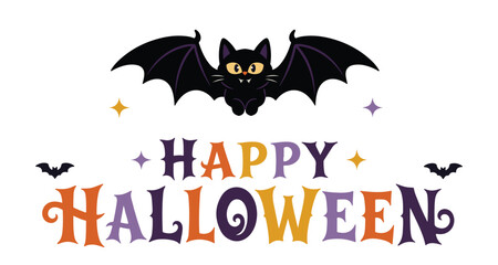 Fototapeta premium Cute Black Cat Bat with Wings Flying Happy Halloween Typography Vector Illustration