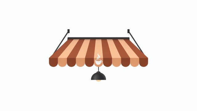 Striped brown cafe awning with hanging lamp and coffee cup icon isolated on white background with vector illustration brown hanging light fixture