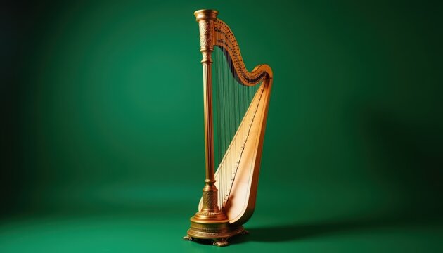 Golden harp with polished wood frame and brass fittings, resonant strings and carved column captured on green backdrop with studio lighting, concert harp presented for classical music promotion,