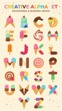 Creative alphabet made from colorful ice cream cones, scoops, popsicles, and dessert toppings for educational and seasonal design, minimalist 2d flat vector illustration, World Ice Cream Day
