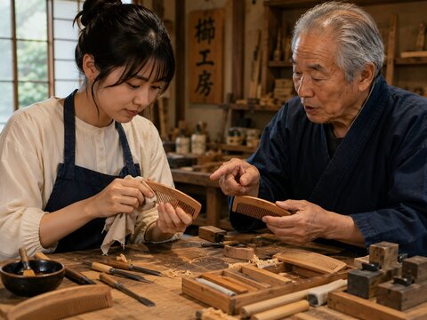 Young japanese woman learning traditional wood carving from skilled craftsman