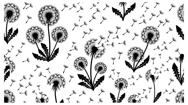 a seamless black and white dandelion pattern with seeds blowing in the wind perfect for nature-inspired backgrounds and spring textile designs