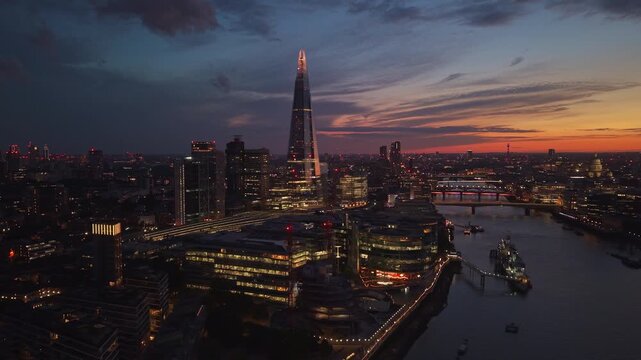 Aerial View of The Shard and River Thames at Sunset in London, UK