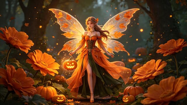 Magical Halloween Pumpkin Fairy with Glowing Lantern