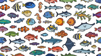 Obraz premium colorful cartoon fish and diverse marine life create a vibrant seamless ocean pattern ideal for aquatic graphic design.