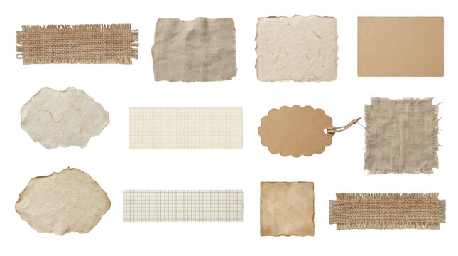 Collection of various rustic paper and fabric scraps isolated on transparent background