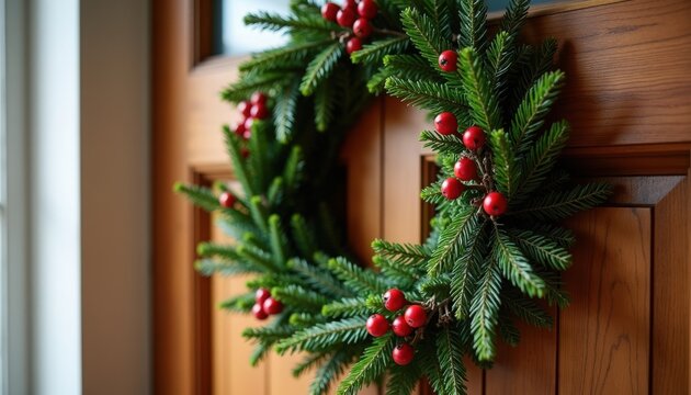 christmas wreath on wooden door with fir branches and red berries, natural evergreen ring accented by pine needles, holly berries, rustic twine and soft window light,