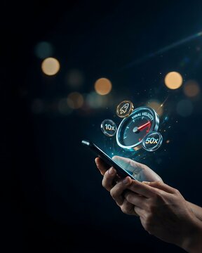 High speed internet connection on smartphone, digital speedometer with 5G performance, fast mobile data transfer concept