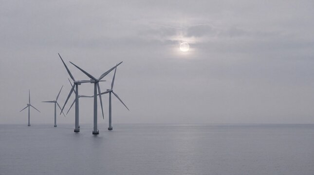 Offshore wind farm, sustainable energy generation, modern wind turbines in a vast ocean, renewable power source, clean electricity production for a greener future.