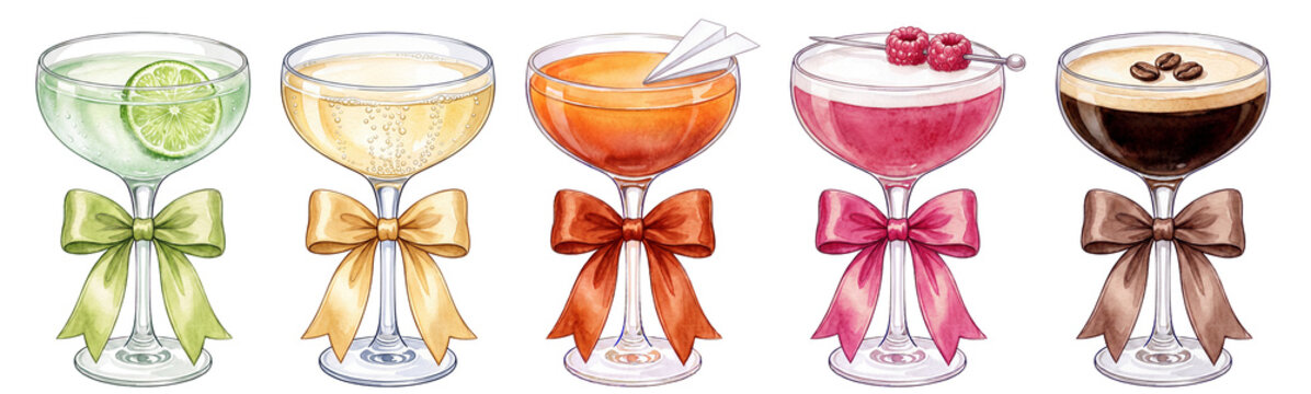 set of watercolor coupe glass cocktails with ribbon bows: gimlet, champagne, paper plane, clover club, espresso martini