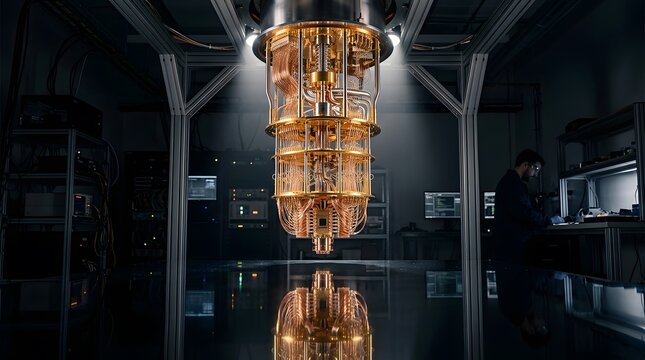 Quantum computer cryostat chandelier in a high-tech laboratory research facility