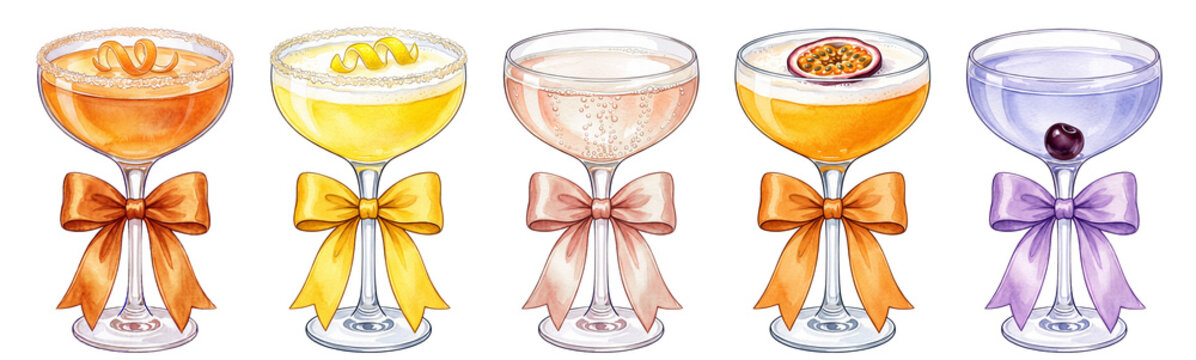 set of watercolor coupe glass cocktails with ribbon bows: sidecar, lemon drop, pink champagne, pornstar martini, aviation