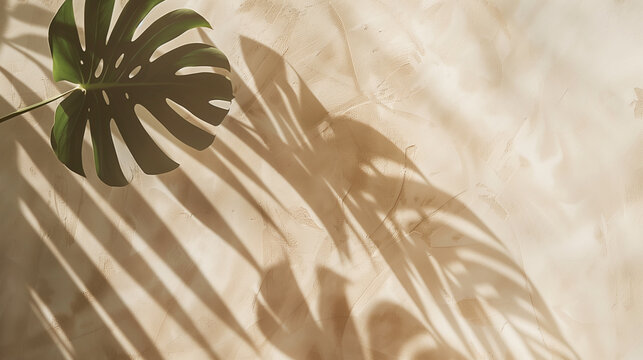 Abstract minimalist botanical leaf shadow background with soft sunlight on beige wall for clean editorial template 03
