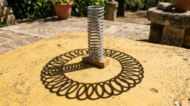 Metal spring standing upright casting a circular geometric shadow pattern on the ground