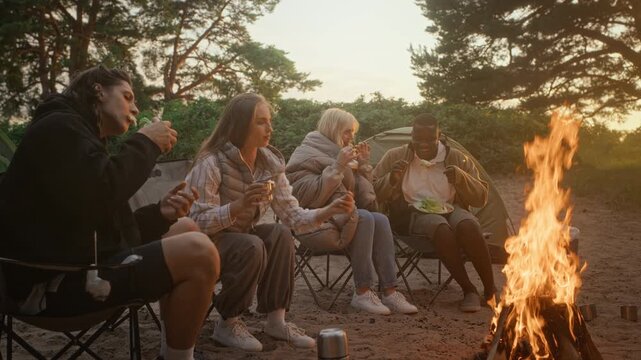Multiethnic young adults sitting in camping chairs around bonfire on beach, eating marshmallows and talking. Clip is ideal for outdoor recreation and travel gear marketing