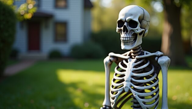 halloween skeleton prop standing in front yard with suburban house blurred background, plastic skull and ribcage decoration on lawn, halloween skeleton posed for seasonal outdoor decor,