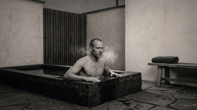Blue Hour Nordic Courtyard Cold Plunge Portrait With Visible Clarity
