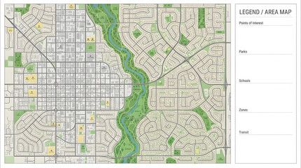 Fototapeta premium Detailed city map with streets, parks, and river pathways