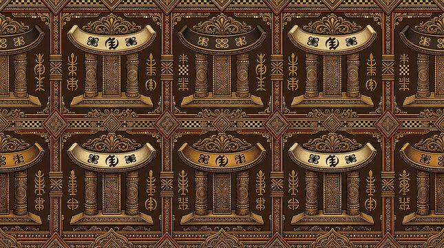 Intricate Ghanaian Adinkra symbols and kente patterns rendered in rich gold and brown tones for cultural applications.