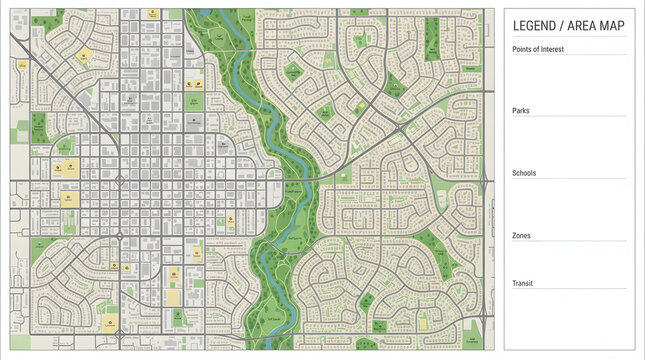 Detailed city map with streets, parks, and river pathways