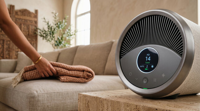 Close-up of a home air purifier in a warm Middle Eastern living space