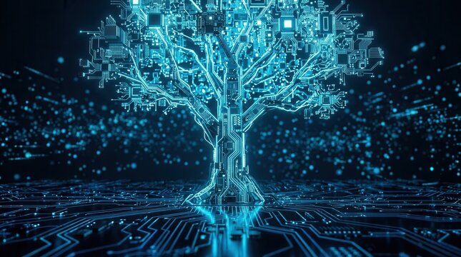 Technology and innovation symbolized by an artificial intelligence tree with circuit board connections in a digital forest landscape