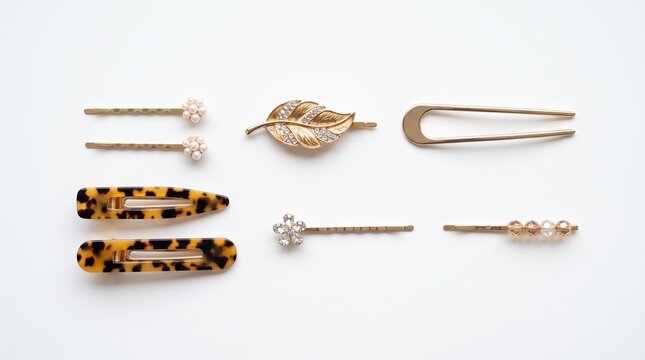 Stylish set of women's hair accessories including golden bobby pins, pearl clips, leaf brooch, and tortoiseshell barrettes