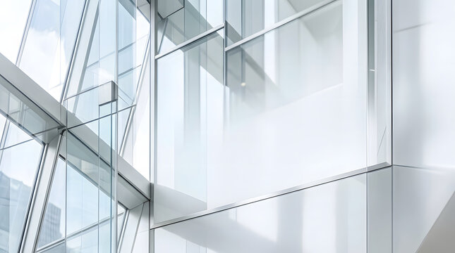 Modern architectural glass facade with structural steel frames and bright