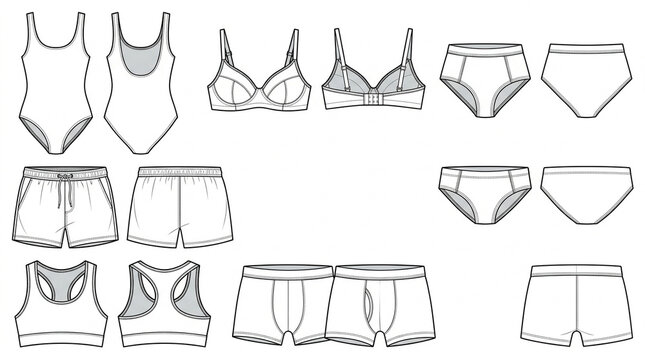 Detailed Collection of Underwear and Swimwear Apparel Flat Sketches CAD Vector Mockup Templates for Fashion Design