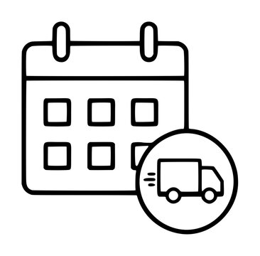 Minimalist delivery schedule vector icon featuring a clean calendar with a shipping truck symbol, perfect for logistics planning, order tracking, and distribution management illustrations.