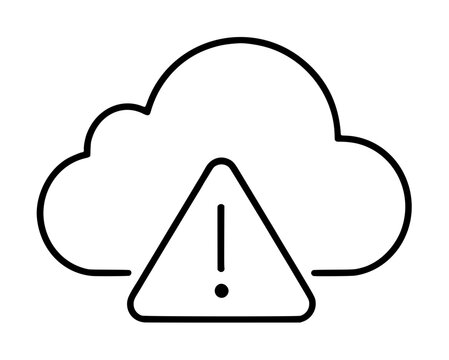 This minimalist black line vector icon features a cloud outline with a triangle warning alert symbol, ideal for web design, interface notifications, data storage errors, and network issues