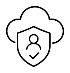 Minimalist vector icon illustration of a cloud computing security shield with a user profile and checkmark symbol, representing data protection, privacy, and authorized access in a digital network. © MDMasud