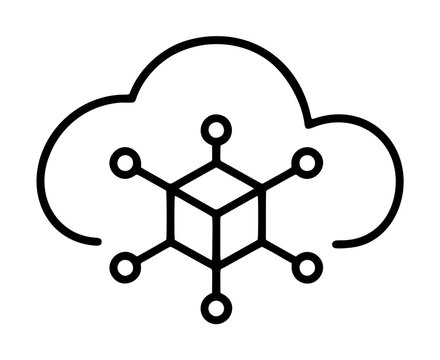 Minimalist cloud computing vector icon with a central cube and network nodes, perfect for illustrating microservices, data storage, internet connectivity, and digital infrastructure systems design.