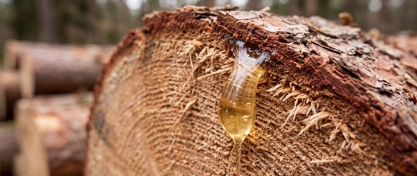 Macro view of golden sticky tree resin dripping down the freshly cut face of a pine log during timber harvesting in coniferous woodland