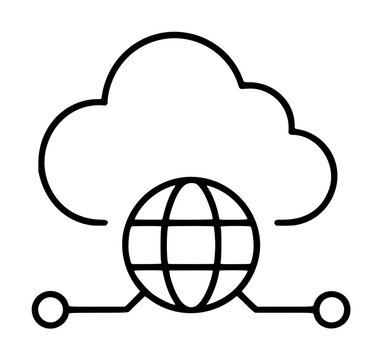 Sleek minimalist vector icon illustration of a cloud computing network featuring a globe with connecting nodes representing global data transfer, proxy server, and secure internet connectivity web.