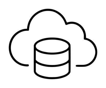 Minimalist black line vector icon of a cloud storage database symbol, perfect for technology and data management illustrations, featuring a sleek cloud outline and a central storage cylinder.
