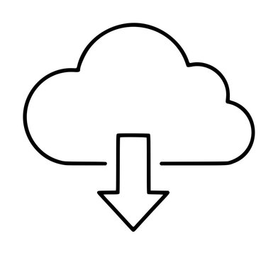 Minimalist vector icon illustration featuring a clean black outline of a cloud with a downward pointing arrow, symbolizing data download, cloud storage, or environmental carbon sequestration.