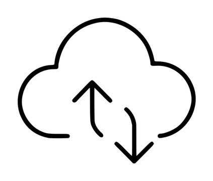 Minimalist cloud synchronization vector icon featuring upward and downward arrows for data transfer, storage, and backup concepts, perfect for modern web design, technology, and digital networking.