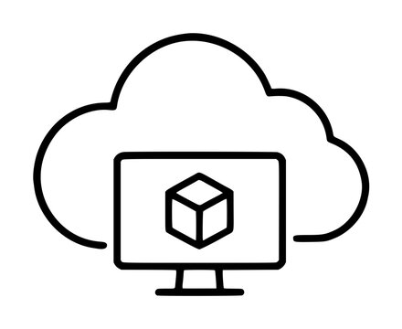 Minimalist vector icon illustration of a cloud computing network featuring a computer monitor with a 3D isometric cube on the screen, representing virtual machine hosting and data storage services.
