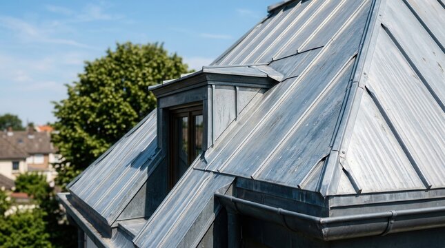 Detailed view of a mansard roof zinc standing-seam slope with patina and dormer cheek flashing.