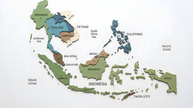 3D Map of Southeast Asia with Country Names and Borders