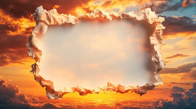 Beautiful sunset sky scene with torn paper frame effect. Soft clouds and warm colors evoke feelings of tranquility and creativity. Ideal for artistic designs.