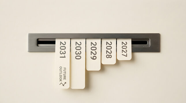 Minimalist timeline concept with hanging year tags on beige background